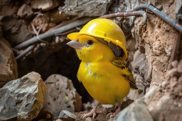 Obraz premium A small yellow bird wearing a hard hat. Ideal for construction and safety concepts