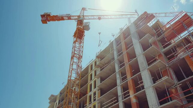 Bright sunlight illuminates a busy construction site featuring a tower crane and a partially built multistory structure.