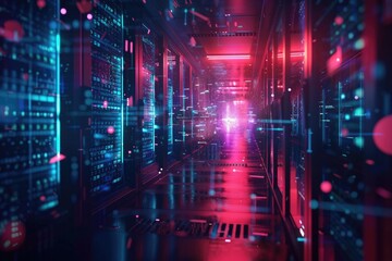 Obraz premium A server room with multiple rows of servers. Ideal for technology and networking concepts