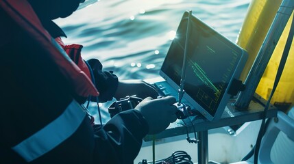 Engineer using sonar equipment for underwater survey, close-up, focused on display  - obrazy, fototapety, plakaty