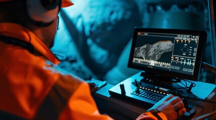Engineer using sonar equipment for underwater survey, close-up, focused on display  - obrazy, fototapety, plakaty