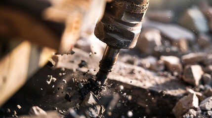 Rock core drilling on a construction site, close-up, sharp focus on drill bit and rock fragments 