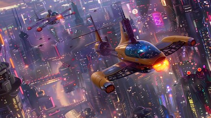 Futuristic Cityscape with Neon Lights and Flying Vehicles in Vibrant Animated Style