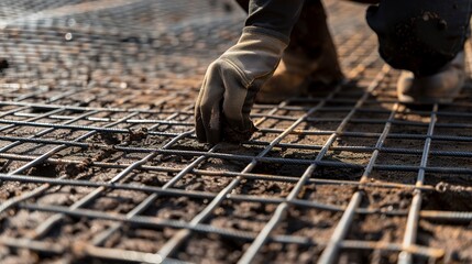 Installation of geogrids for soil stabilization, close-up, detailed mesh and hands working 