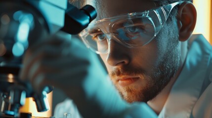 Artistic close-up of a scientist examining biopharmaceutical compounds under a microscope, highlighting the meticulous research involved in drug discovery