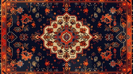Intricate Persian Style Rug Pattern with Vibrant Geometric Motifs and Rich Colors