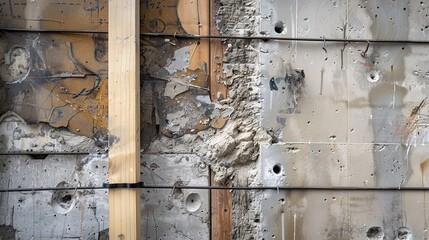 Load bearing wall under inspection, close-up, detailed view of stress points and materials