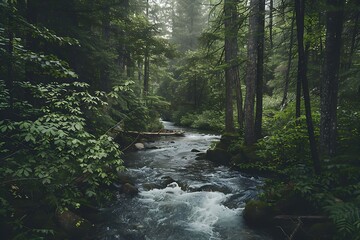 A serene forest with a river flowing through it.