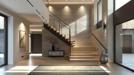  A chic and contemporary entrance hall in an American modern home, featuring a stylish staircase and minimalist design elements, evoking a sense of sophistication and understated luxury