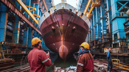 Obraz premium An inspiring stock photo of workers gathered for a team meeting in the shipyard, discussing progress and planning for upcoming projects, fostering a culture of collaboration and communication.