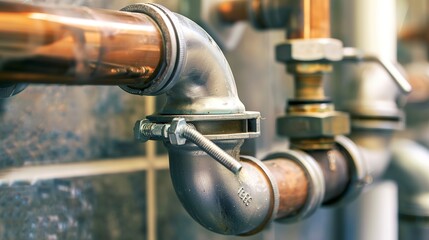 Obraz premium Plumbing installation in a new home, close-up on pipes and fittings, detailed craftsmanship 