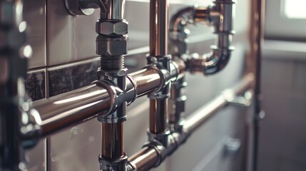 Plumbing installation in a new home, close-up on pipes and fittings, detailed craftsmanship 
