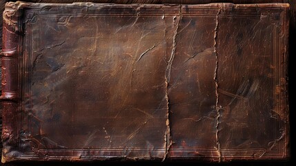 an old book with a brown leather cover and a pen on the left side, a pencil on the right side, and - obrazy, fototapety, plakaty