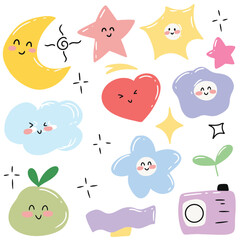 set of moon planet doodles isolated on white background