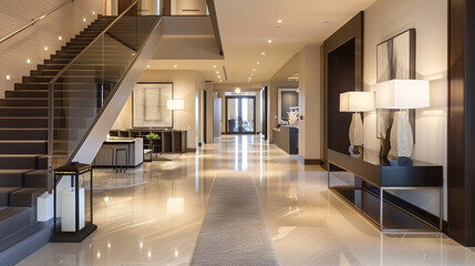  A contemporary American entrance hall adorned with modern décor and a stylish staircase, inviting guests into a space of refined elegance and timeless charm, all captured with impeccable HD precision