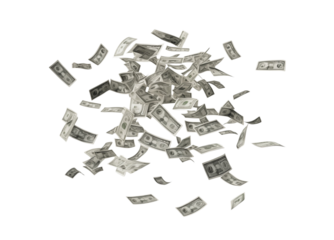 A scattered array of dollar bills caught in mid-air, creating a dynamic explosion of currency. Generative AI