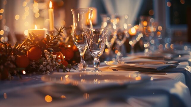 A close up of a table setting with wine glasses. Ideal for restaurant menus or event planning