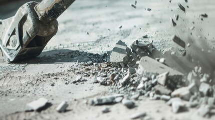Jackhammer breaking up asphalt, close-up, detailed vibrations and shattered pieces