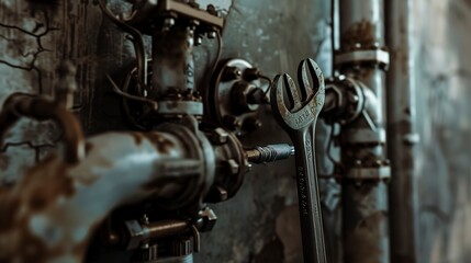 Dismantling pipes in an old building, close-up, detailed wrench and pipe texture 