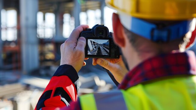 Engineer taking photos for construction documentation, close-up, camera in focus, background action 