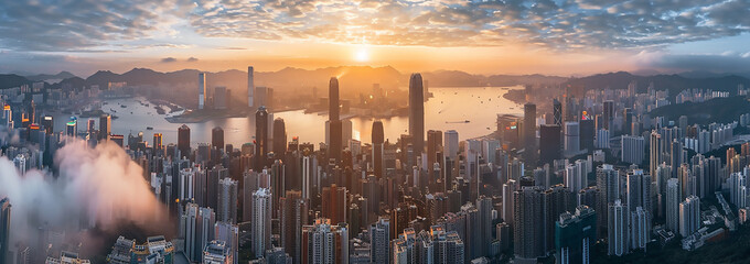 panoramic view of hong kssel city, aerial view, sunrise, hyper realistic photography - obrazy, fototapety, plakaty