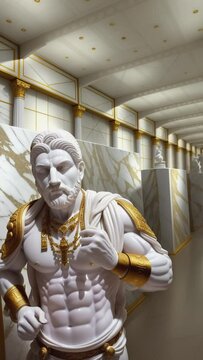 Dancing elegant marble statue of a regal figure adorned with intricate gold jewelry, set within a luxurious gallery featuring classical architecture, embodying opulence and historical grandeur