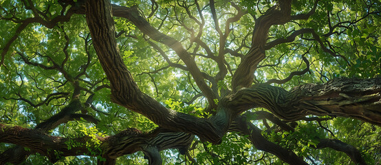 panoramic view of the canopy and branches of an ancient live oak tree in south carolina, with lush...