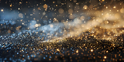 Dazzling Celebration Abstract Defocused Background In Shimmering Black, Abstract Glitter Lights Background in Gold and Blue

