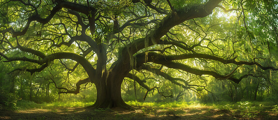 panoramic view of the canopy of an ancient oak tree in south carolina, wide angle, green leaves,...