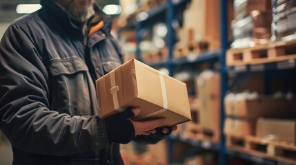 Delivery man carefully holds a package in a bustling warehouse, ready for shipment. 