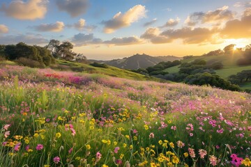 Obraz premium Bask in the vibrant colors of a sun-kissed flower field, where a sea of blossoms stretches to the horizon, painting the landscape in hues, Generative AI