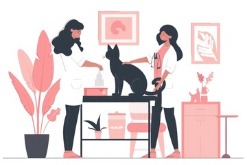 A woman standing next to a black cat on a table. Suitable for various concepts