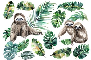 Obraz premium A sloth and a baby sloth sitting among lush tropical leaves. Ideal for nature and wildlife themes