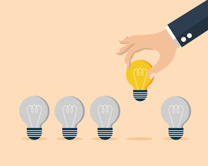 businessman or investor hand selecting best idea in form of bright light bulb vector illustration
