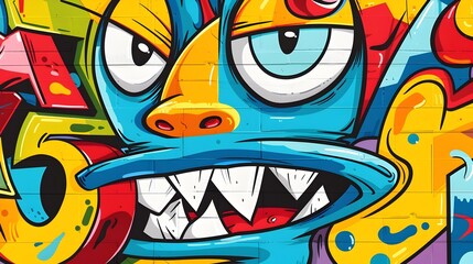 Vibrant and Dynamic Graffiti Inspired Cartoon Creature with Bold Colors and Abstract Shapes