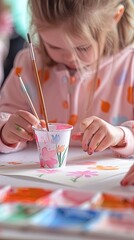 A closeup of the girl hands painting flowers on paper in desk.