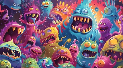 Vibrant and Whimsical Cartoon Monster Creatures in a Humorous and Colorful Digital with Quirky Expressions and Unique Features