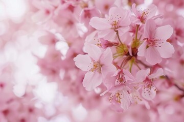 Naklejka premium Explore the enchanting beauty of a cherry blossom field in springtime, where delicate pink blossoms cover the branches of trees like a soft blanket, Generative AI