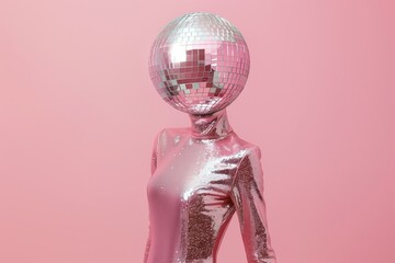 plastic fashion doll wearing pink glitter dress with disco ball istead of a head, pastel pink...