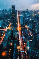 Fototapeta premium A cityscape at night with glowing connected lines. Perfect for urban design projects
