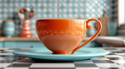 Cute 3D coffee mug with blue background.