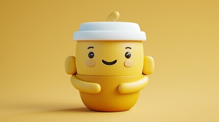 Cute 3D coffee mug with yellow background.