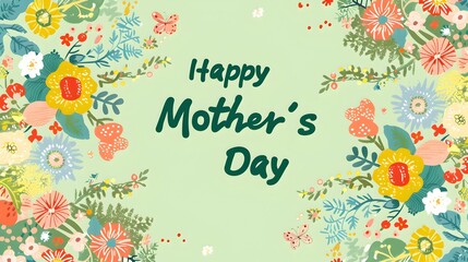 Beautiful and vibrant Mother's Day card adorned with a lush variety of flowers and cheerful typography on a soft background.