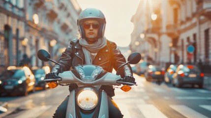 A man on a motorcycle riding down a city street, suitable for transportation concepts