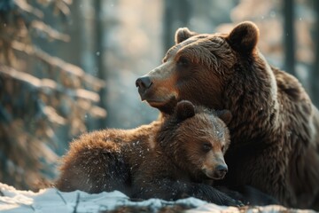Fototapeta premium A mother bear and her cub in the snowy wilderness. Perfect for wildlife and nature themes