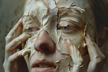Surreal portrait of a woman peeling off her skin, - obrazy, fototapety, plakaty