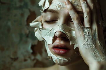 Surreal portrait of a woman peeling off her skin,