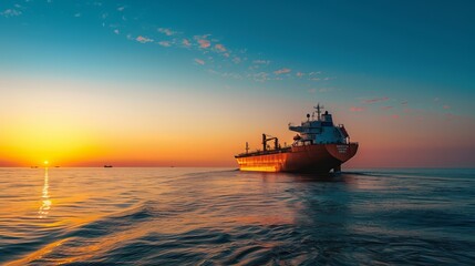 Cargo ship sails across the ocean at sunset against a clear blue sky. The vessel carries goods for international shipping and logistics, facilitating global trade and commerce.
