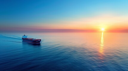 Cargo ship sails across the ocean at sunset against a clear blue sky. The vessel carries goods for international shipping and logistics, facilitating global trade and commerce.