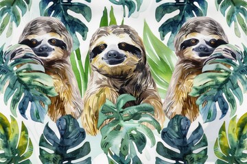 A painting of a sloth in its natural jungle habitat. Suitable for nature and wildlife themes